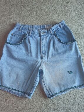 Light Wash Denim Embroidered Shorts with Teal Accent